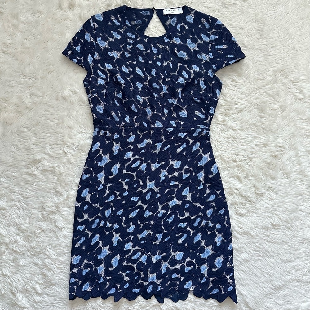 Sandro Dress Leo Mini Embroidered Lace Jacquard Cap Sleeve Navy Blue 4
